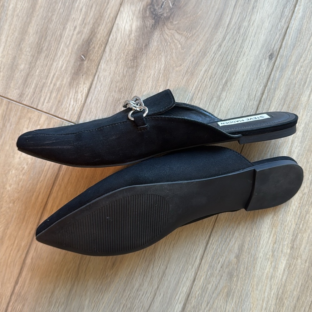 STEVE MADDEN Slip On Open Back Loafers Black Suede Silver Chain Decor Flats NWOT - Picture 3 of 6